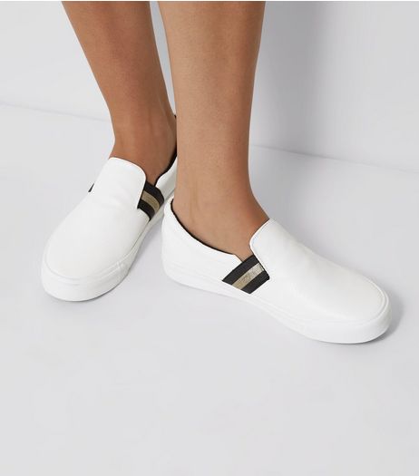 White Contrast Elasticated Strap Plimsolls | New Look