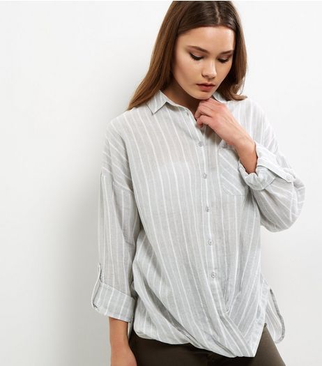 Light Grey Stripe Wrap Front Shirt | New Look