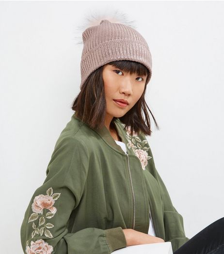 Rose Gold Metallic Faux Fur Pom Pom Hat | New Look