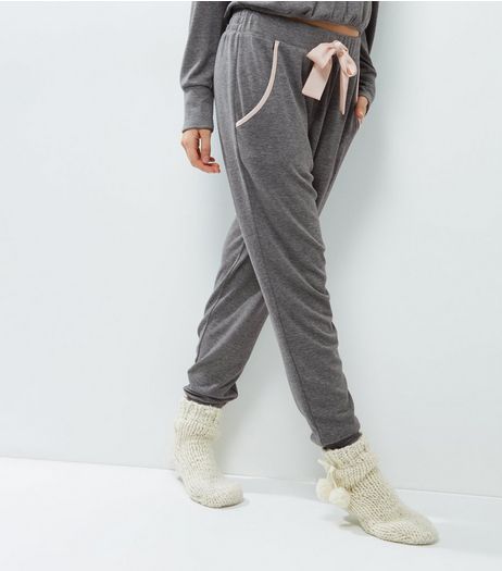 Pale Grey Brushed Contrast Sateen Trim Lounge Joggers | New Look