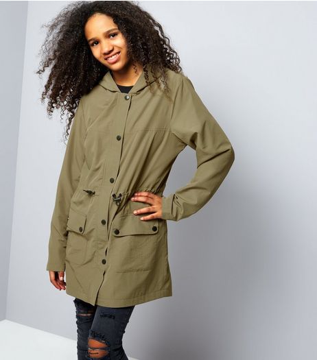 Teens Khaki Drawstring Waist Longline Bomber Mac | New Look