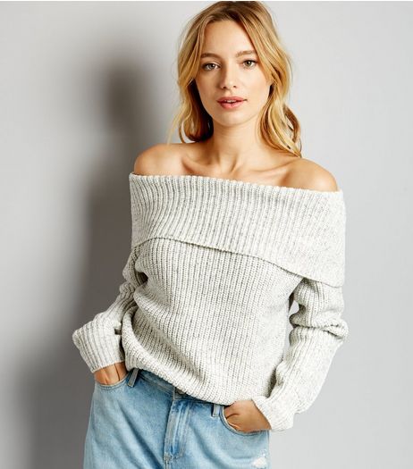 Grey Ribbed Bardot Neck Jumper | New Look