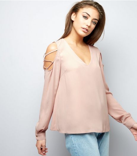 Shell Pink V Neck Lattice Trim Cold Shoulder Top | New Look