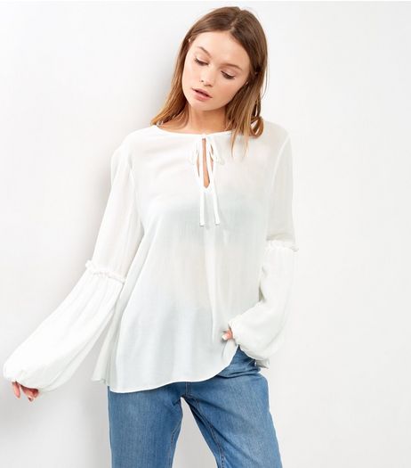White Frill Trim Tie Neck Long Sleeve Top | New Look