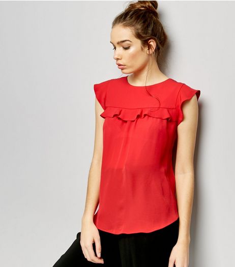 Red Frill Trim Cap Sleeve Top | New Look