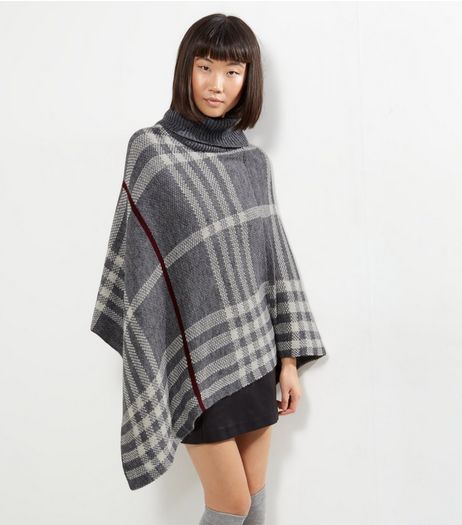 Mela Light Grey Check Knitted Poncho | New Look