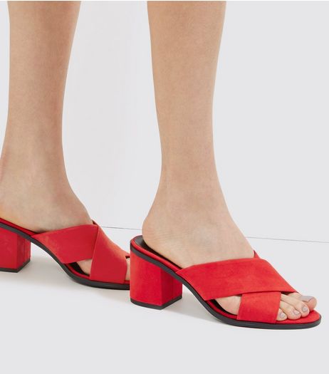 Red Suedette Cross Strap Heeled Mules | New Look
