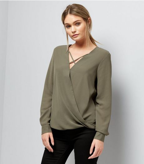 Khaki Cross Strap Wrap Front Top | New Look