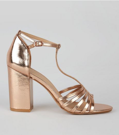 Rose Gold Metallic Multi Strap Heeled Sandals | New Look