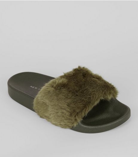 Khaki Faux Fur Sliders Slippers | New Look