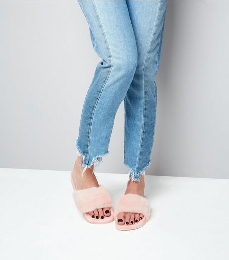 Pink Faux Fur Sliders | New Look