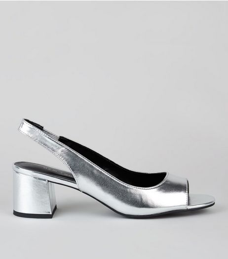 Silver Peep Toe Sling Back Heels | New Look