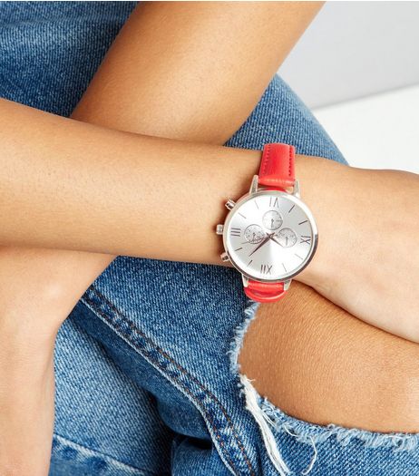 Red Leather-Look Strap Watch | New Look