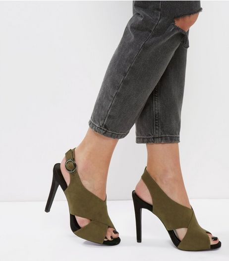 Khaki Suedette Cross Front Heeled Sandals | New Look