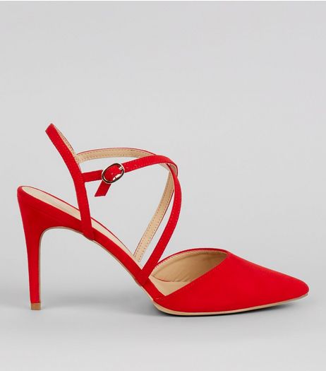 Red Suedette Cross Strap Pointed Heels | New Look