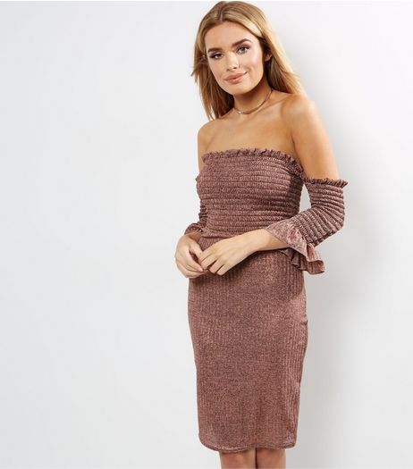 Loving This Pink Ribbed Metallic Bardot Neck Dress | New Look