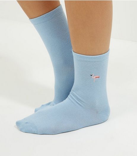 Blue Embroidered Flamingo Socks | New Look