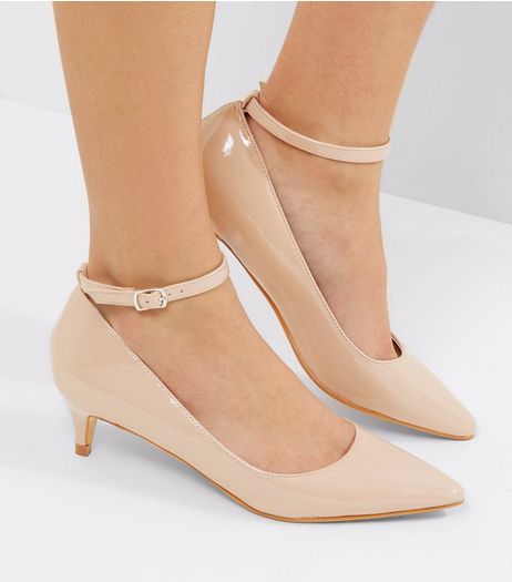 Nude Patent Mid Heel Ankle Strap Court Shoes | New Look