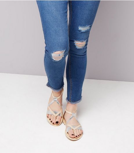 Teens Pink Leather Metallic Strap Sandals | New Look