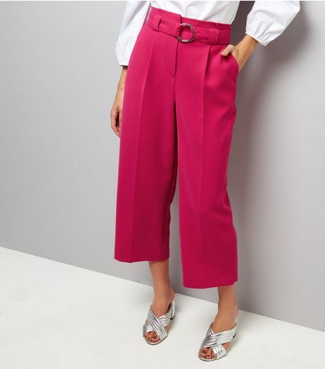 Bright Pink Hoop Belt Wide Leg Trousers | New Look