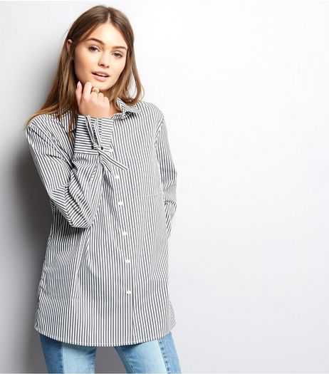 Light Grey Stripe Tie Sleeve Shirt | New Look
