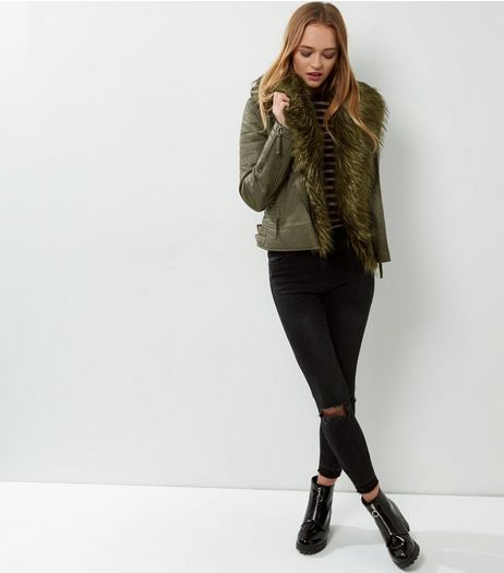 Blue Vanilla Khaki Faux Fur Trim Leather-Look Jacket | New Look