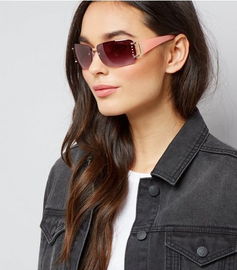 Pink Diamante Side Rimless Sunglasses | New Look