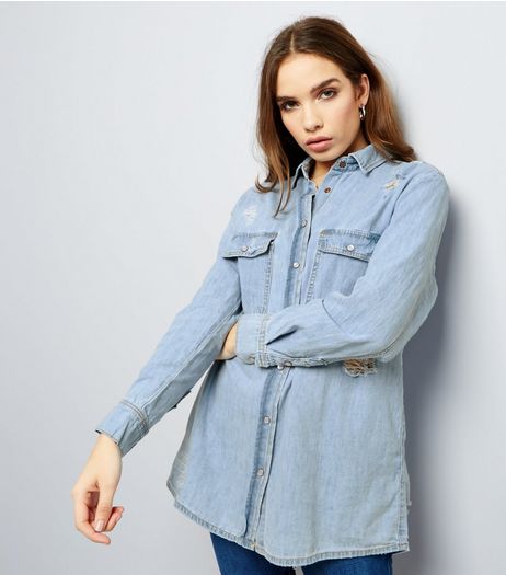 Blue Ripped Denim Boyfriend Shirt | New Look