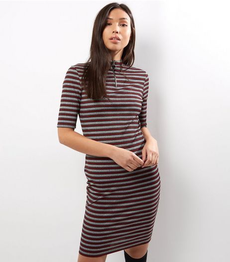 Grey Stripe Funnel Neck Zip Front Bodycon Dress | New Look