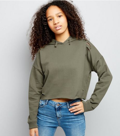 Teens Khaki Ripped Cropped Hoodie | New Look