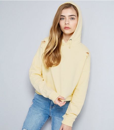 Teens Yellow Ripped Cropped Hoodie | New Look