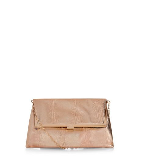 Rose Gold Snakeskin Texture Fold Over Clutch | New Look