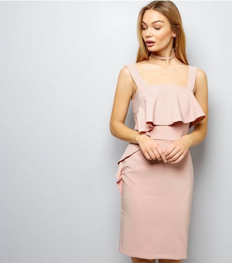 Shell Pink Frill Trim Sateen Bodycon Dress | New Look