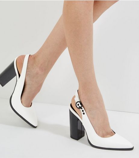 White Sling Black Pointed Block Heels | New Look