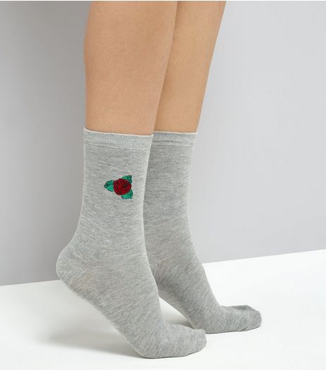 Grey Rose Embroidered Socks | New Look