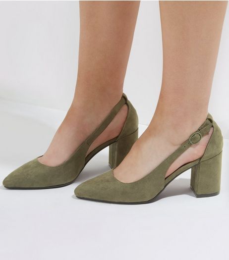 Wide Fit Khaki Suedette Pointed Cut Out Heels | New Look