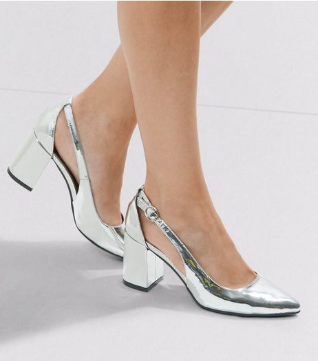 Wide Fit Silver Patent Cut Out Court Shoes | New Look
