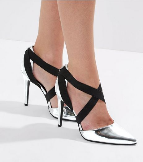 Wide Fit Silver Metallic Elasticated Strap Heeled | New Look