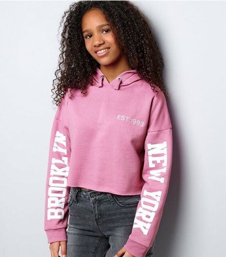 Teens Deep Pink Brooklyn Print Sleeve Cropped Hoodie | New Look
