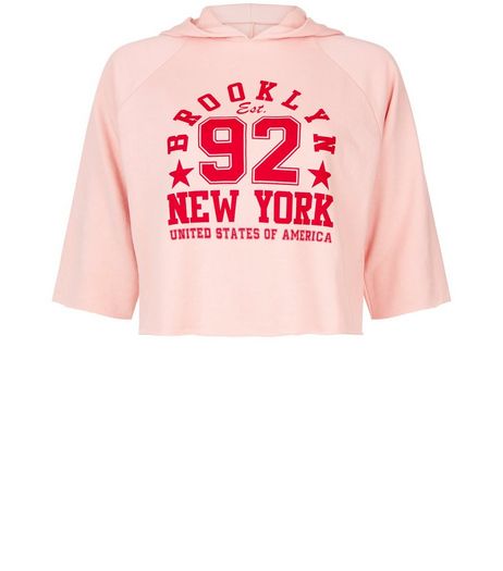 Teens Pink New York Print 3/4 Sleeve Cropped Hoodie | New Look