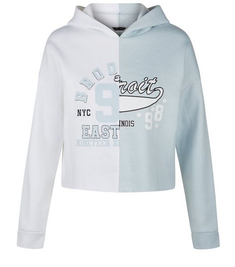 Teens Light Blue Spliced Cropped Hoodie | New Look