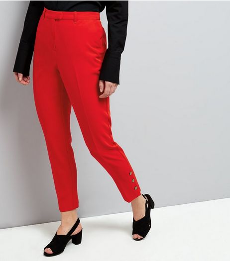 Red Popper Hem Trousers | New Look