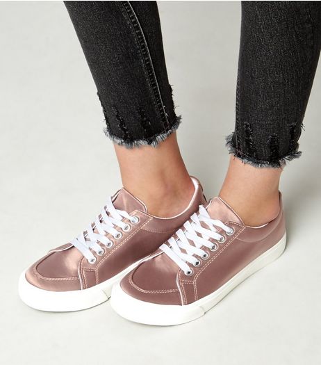 Teens Pink Sateen Lace Up Trainers | New Look