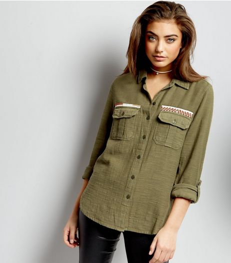 Khaki Bead Trim Shacket | New Look