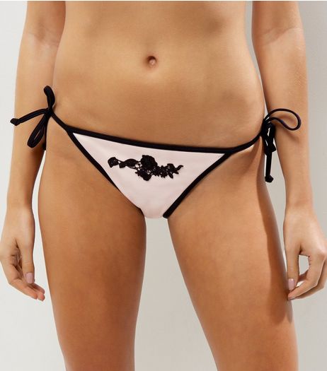 Pink Floral Applique Tie Side Bikini Bottoms | New Look