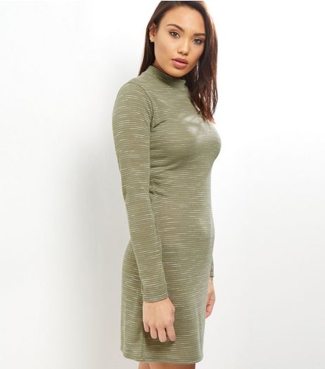 Khaki Stripe Fine Knit Funnel Neck Bodycon Dress | New Look