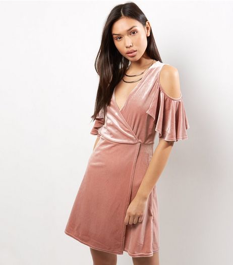 Shell Pink Velvet Flutter Sleeve Wrap Front Dress | New Look