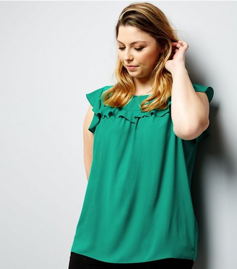 Curves Green Frill Trim Cap Sleeve Top | New Look