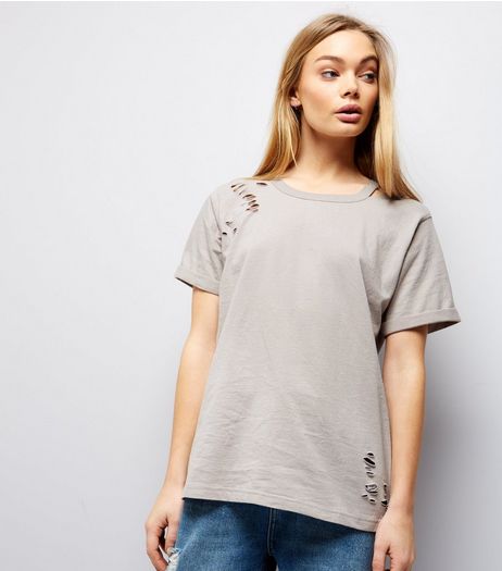 Pale Grey Cut Out Ripped Neck T-Shirt | New Look