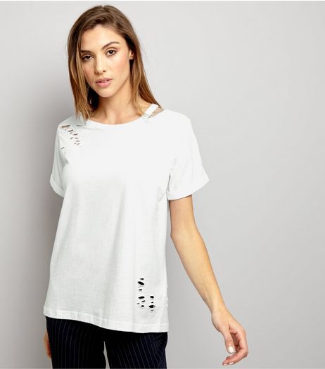 White Cut Out Ripped Neck T-Shirt | New Look
